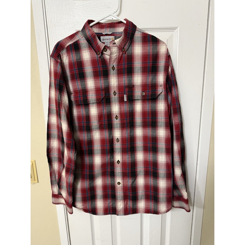 Carhartt Relaxed Fit Adult Red Plaid Mens Long Sleeve Button Down Shirt Medium